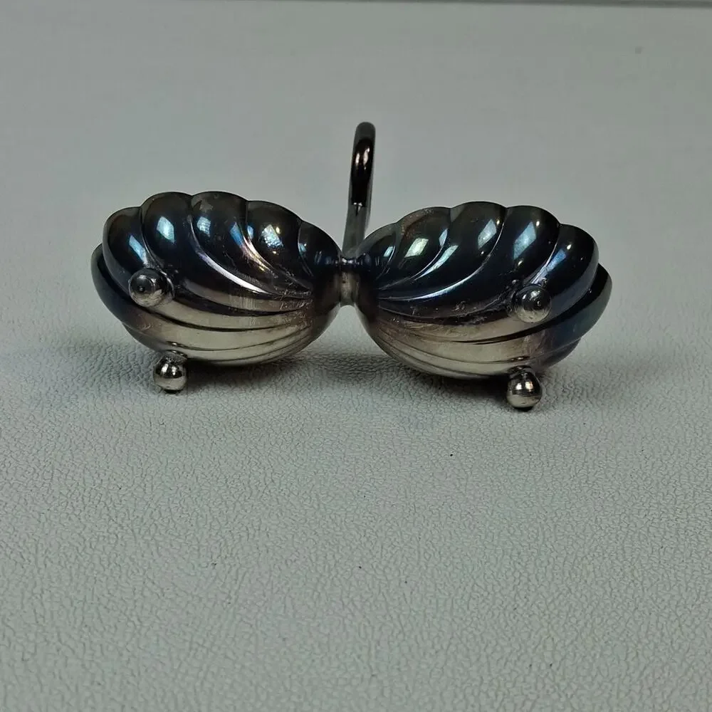 Double Shell BonBon Dish Silver Colored Unmarked 5
